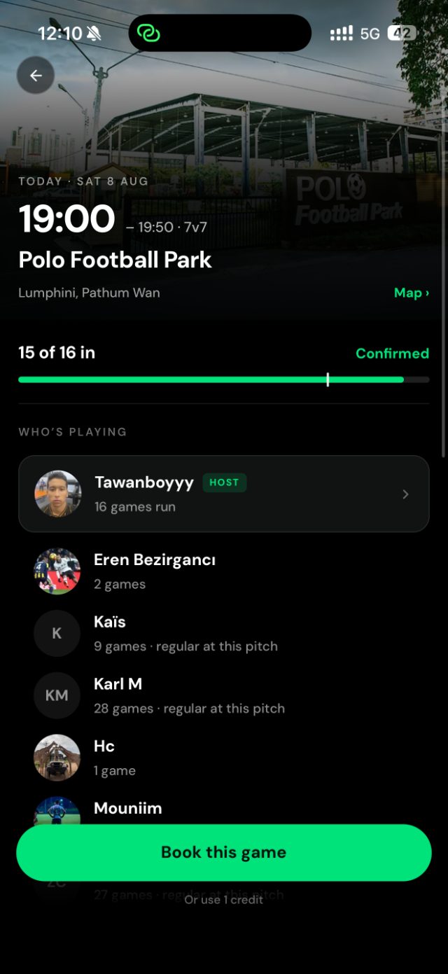 A KickHub game detail screen showing who is playing