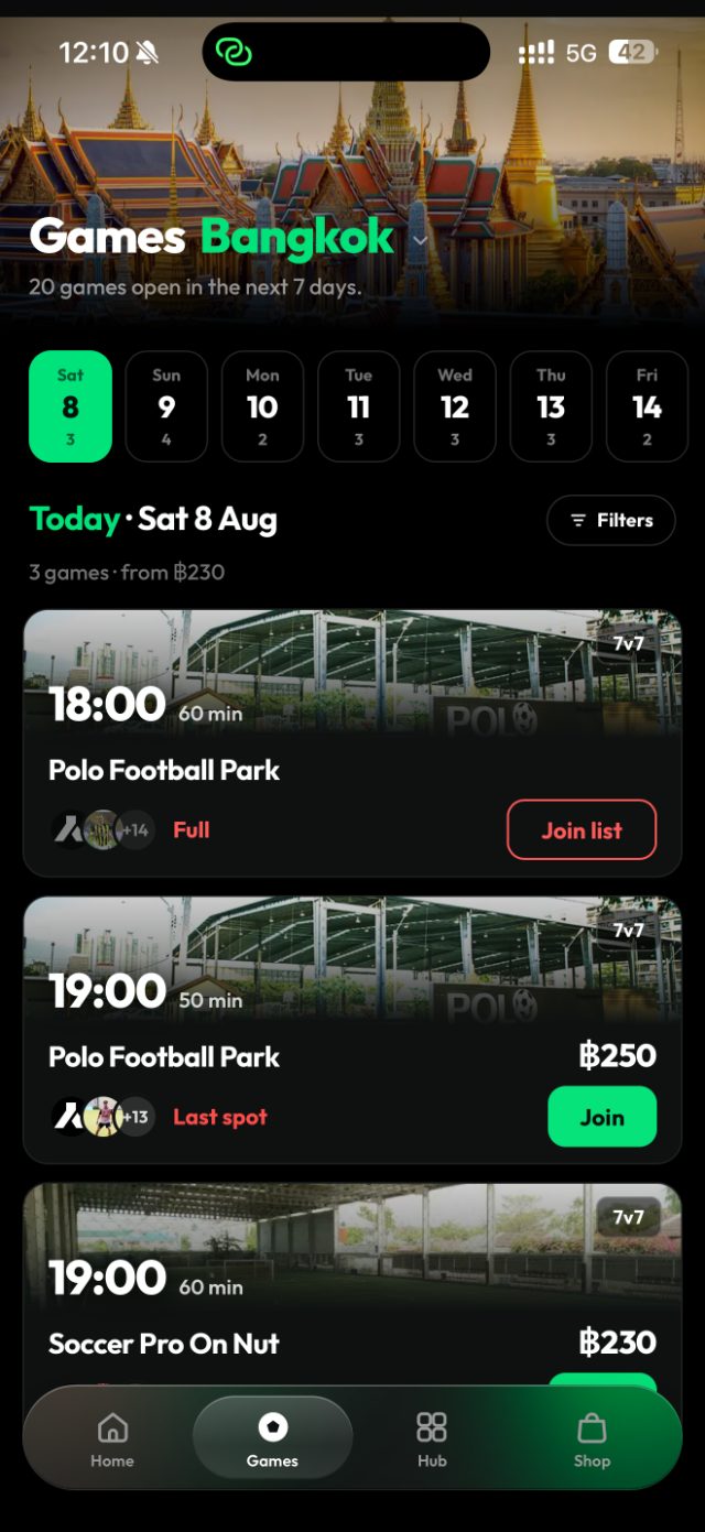 The KickHub games list for Bangkok